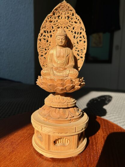 9.25” Painted Carved Wood Shaka Nyorai Seated Buddha Statue with Pedestal - Image 2