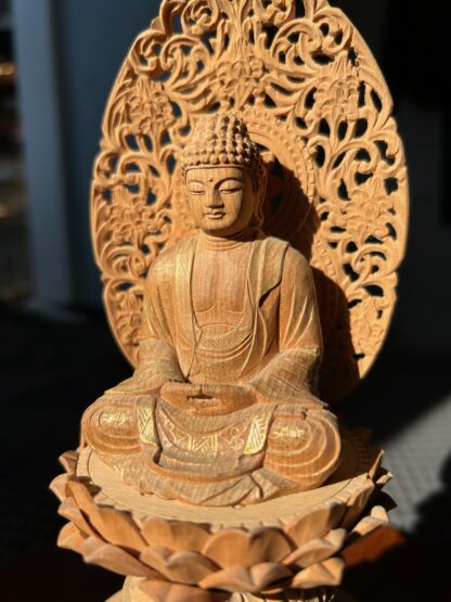 9.25” Painted Carved Wood Shaka Nyorai Seated Buddha Statue with Pedestal