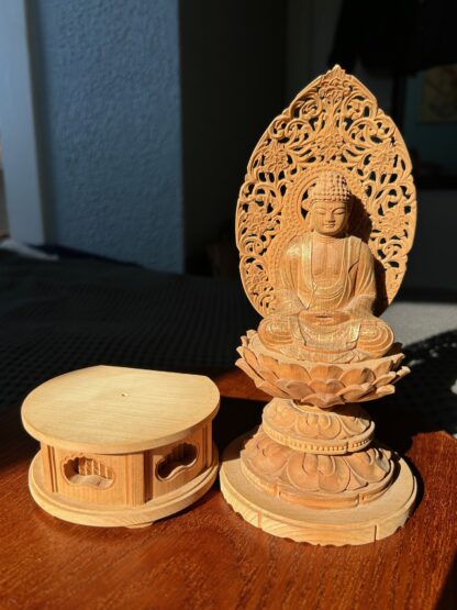 9.25” Painted Carved Wood Shaka Nyorai Seated Buddha Statue with Pedestal - Image 4